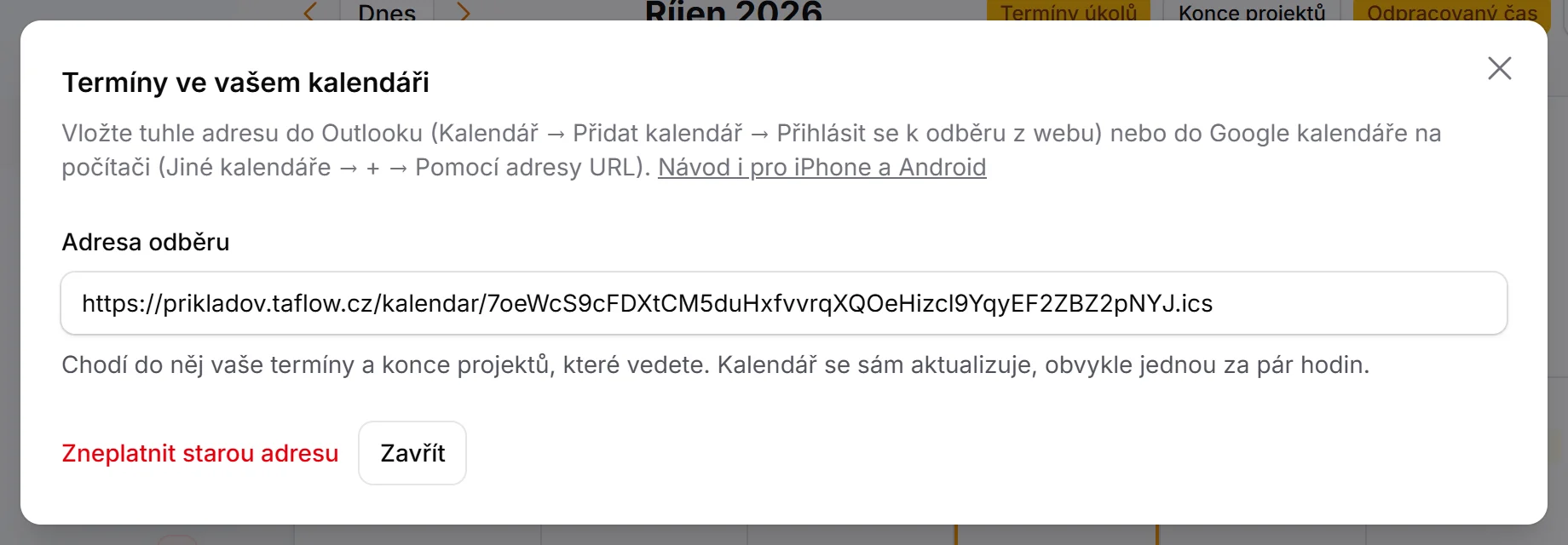 Okno Termíny ve vašem kalendáři: adresa odběru ke zkopírování a tlačítko Zneplatnit starou adresu