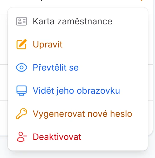 Rozbalená nabídka u zaměstnance: Karta zaměstnance, Upravit, Převtělit se, Vidět jeho obrazovku, Vygenerovat nové heslo a Deaktivovat