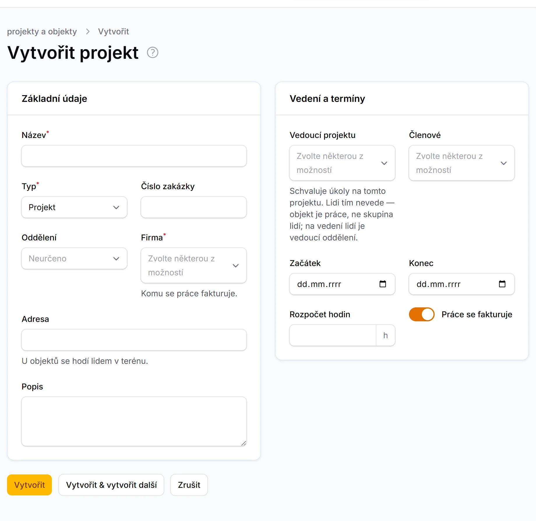 Formulář Vytvořit projekt: název, typ, číslo zakázky, oddělení, firma, adresa a popis; vpravo vedoucí projektu, členové, začátek, konec, rozpočet hodin a přepínač Práce se fakturuje