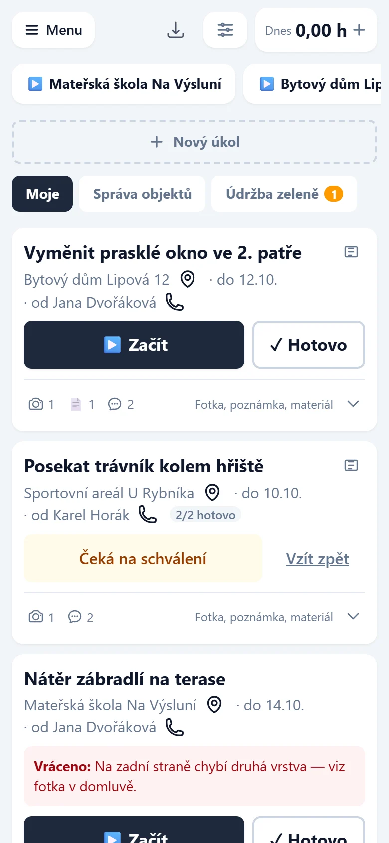 Pracovní režim na telefonu: nahoře lišta s dnešními hodinami, pod ní tlačítko Nový úkol, záložky Moje a jednotlivých oddělení a seznam vlastních úkolů
