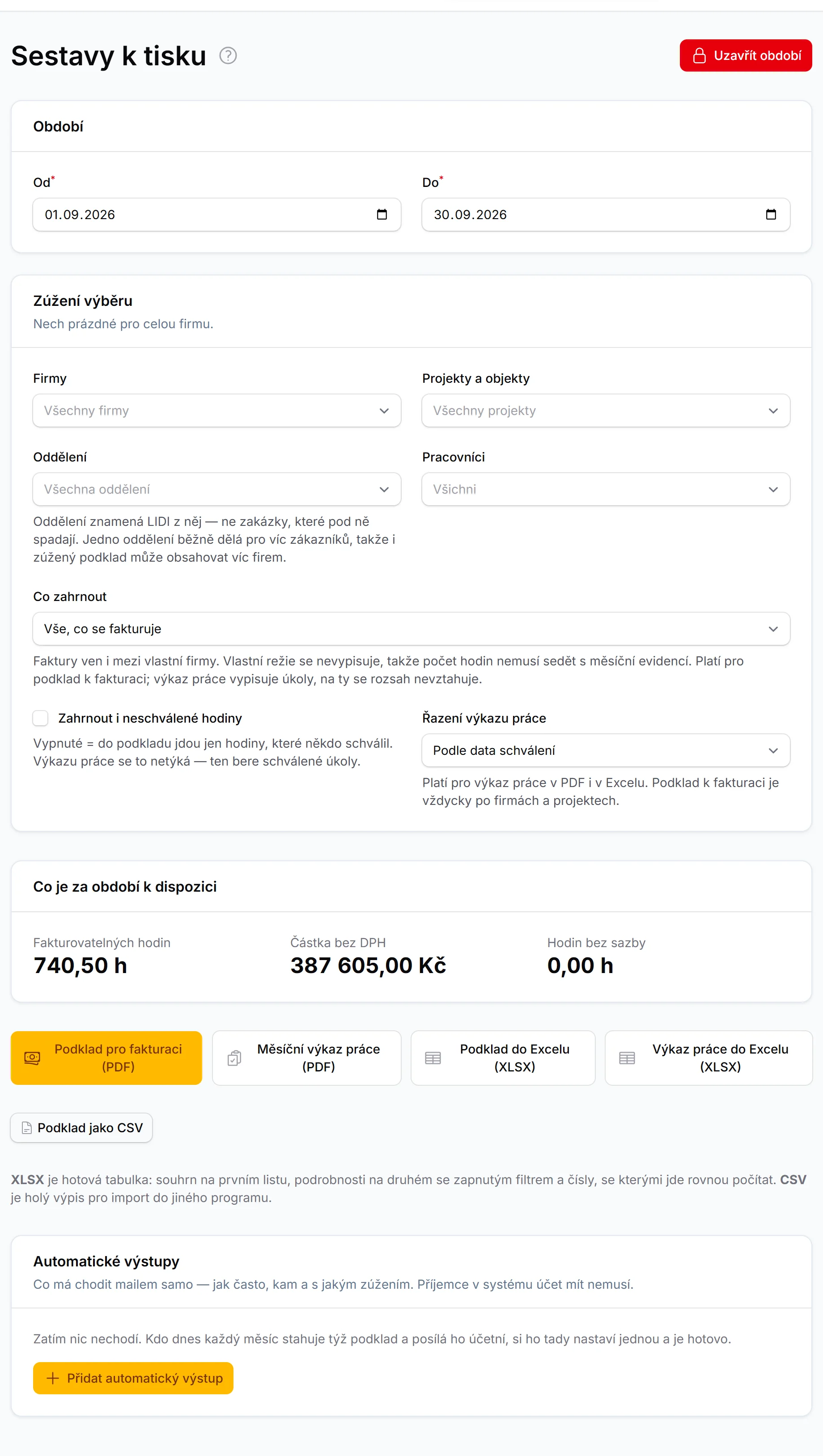 Obrazovka Sestavy k tisku: období od a do, zúžení výběru na firmu, projekt, oddělení a pracovníka, volba Co zahrnout, řazení výkazu práce, souhrn fakturovatelných hodin a částky bez DPH s rozpadem na fakturaci ven a vnitropodnikovou, a tlačítka pro PDF, Excel a CSV